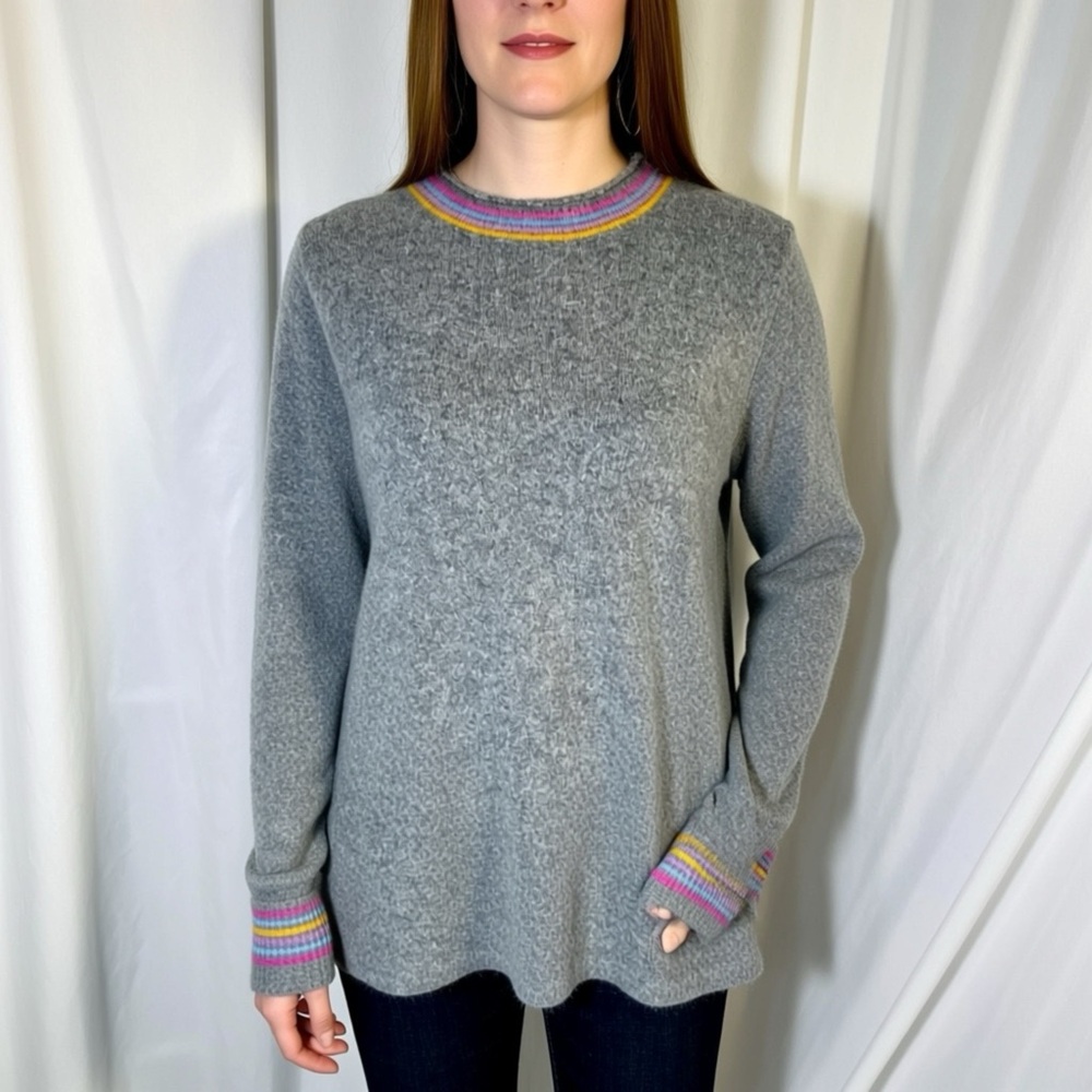 J. CREW GRAY WOOL BLEND SWEATER With RAINBOW trim Size L